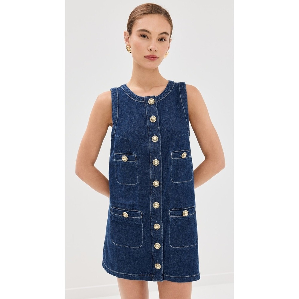 Reformation Tropez Denim Mini Dress Salinas Blue Gold Button Shift Size 10